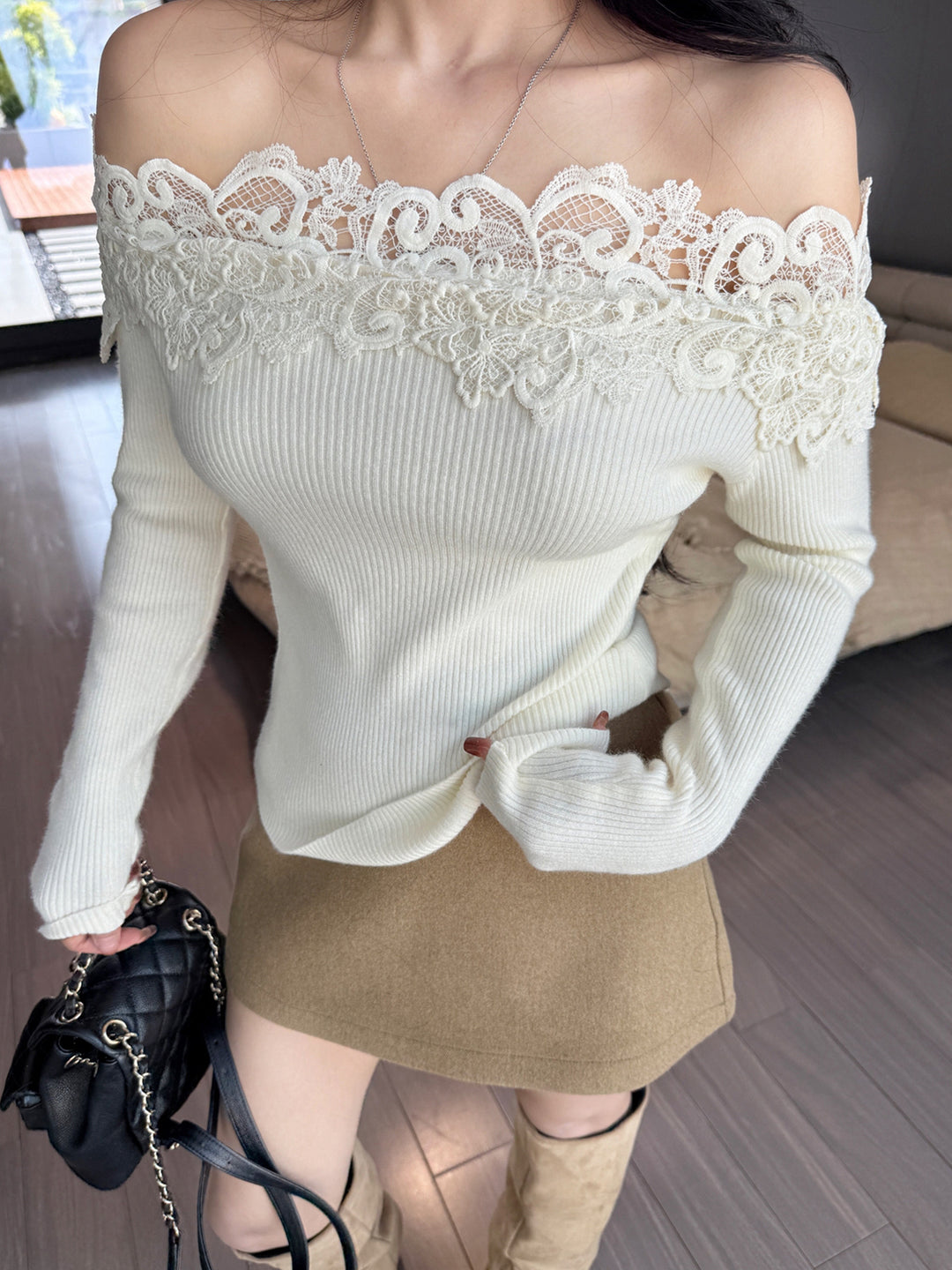 【tops】レースドッキングオフショルダーニットトップス Q9199
