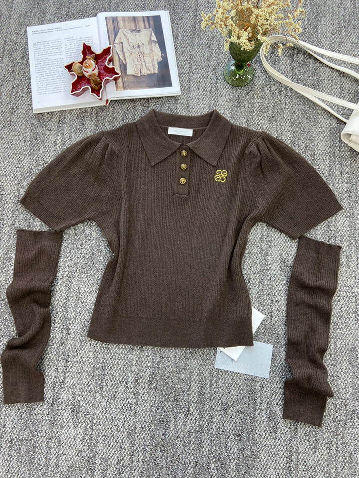 【tops】アームカバー付きニットポロシャツ Q8949