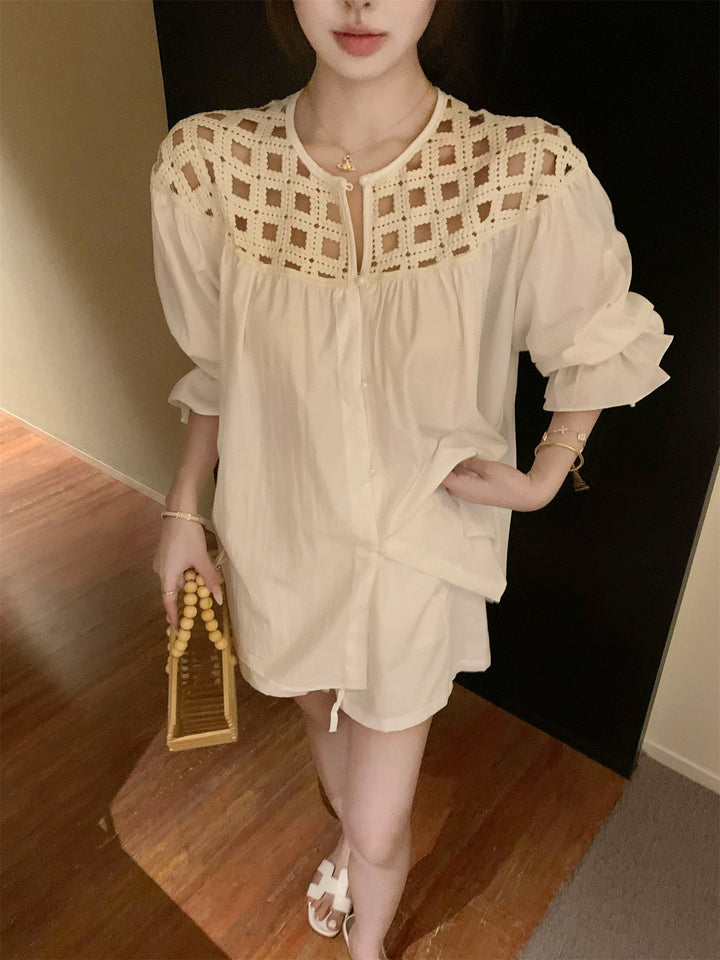 【set】透かし編みドッキングトップス×ショートパンツセット Q8638