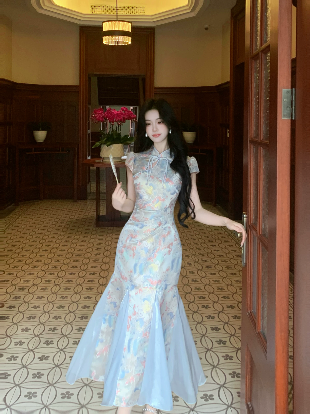 【dress】半袖サテンドッキングロングワンピース Q8542