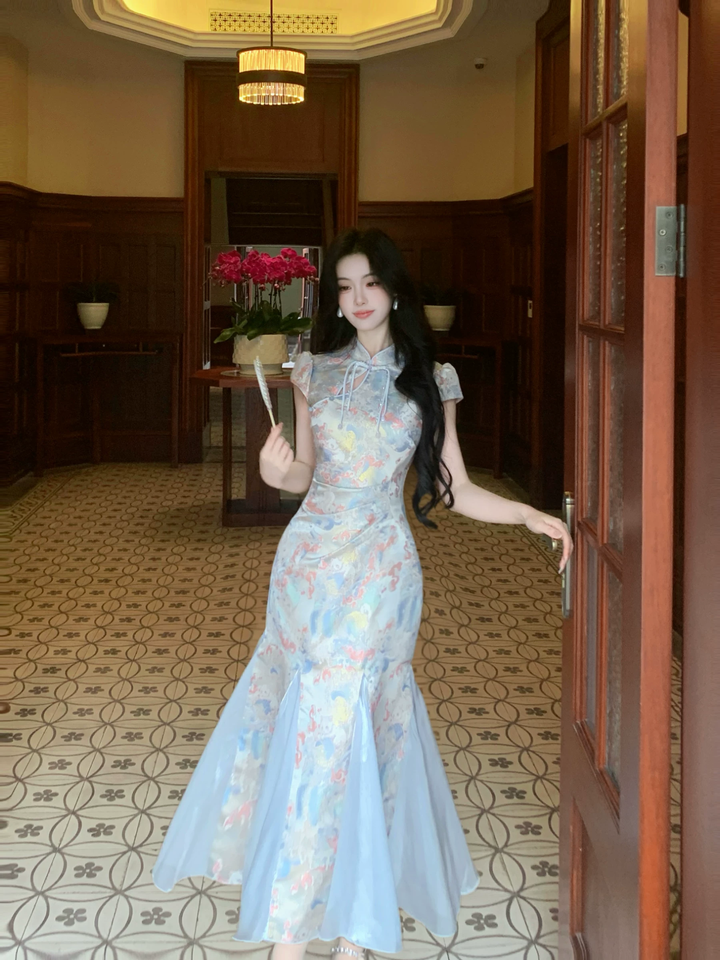 【dress】半袖サテンドッキングロングワンピース Q8542