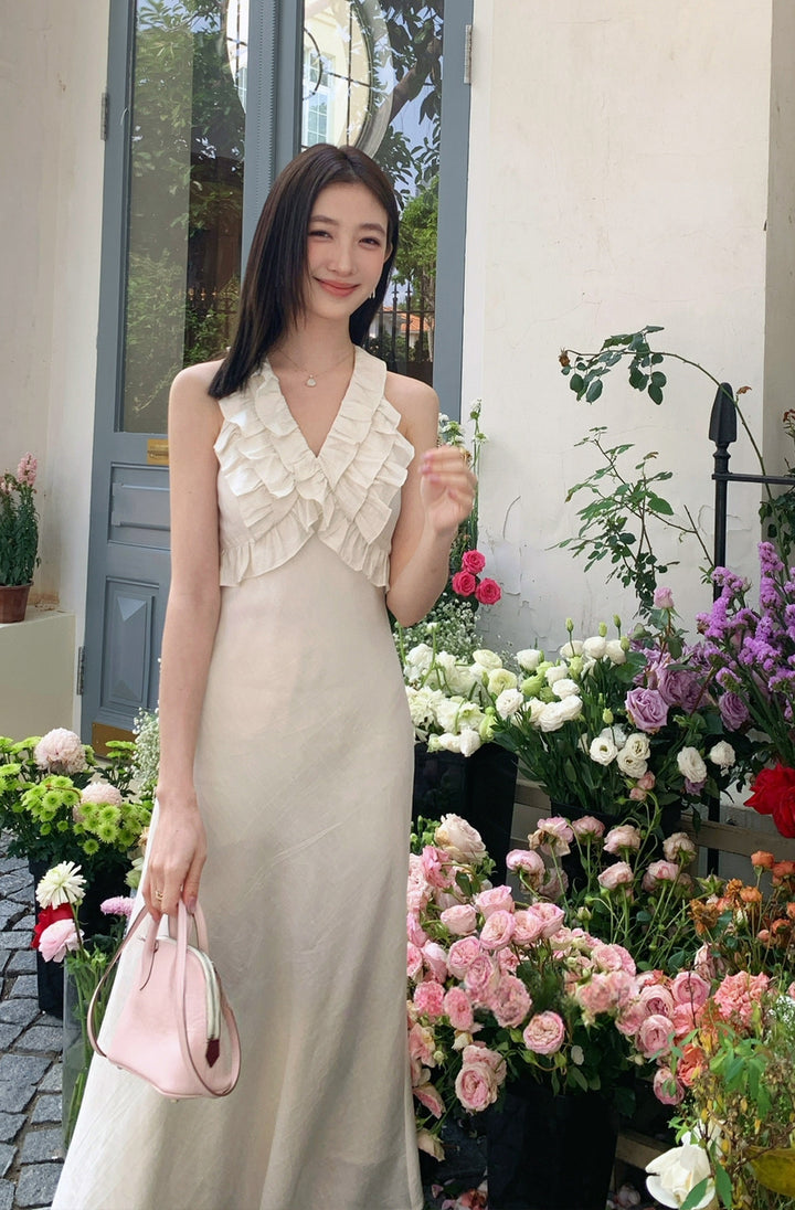 【dress】ノースリーブVネックギャザーフリルワンピース Q8678