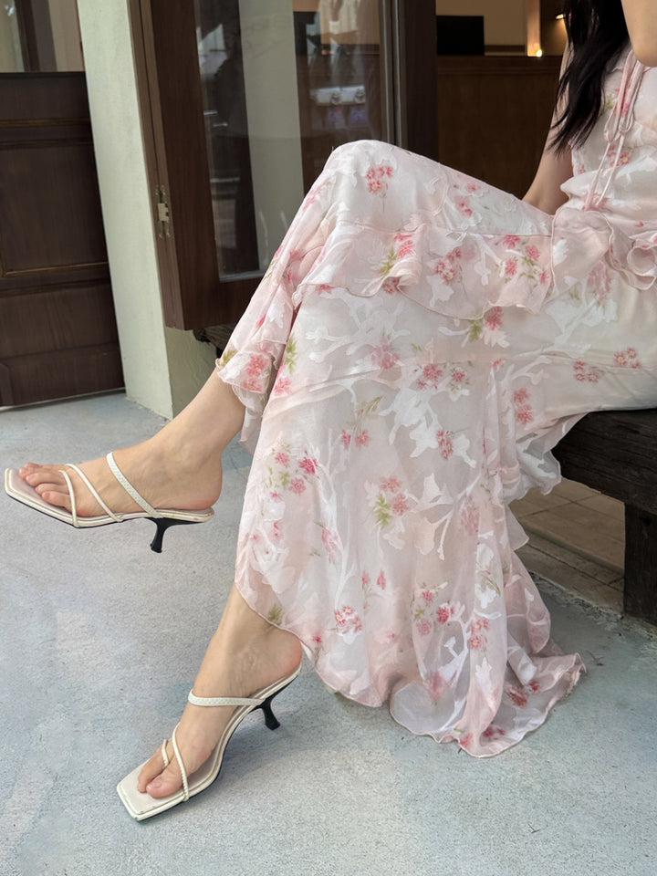 【dress】フラワー柄ギャザーフリルロングキャミワンピース Q8668
