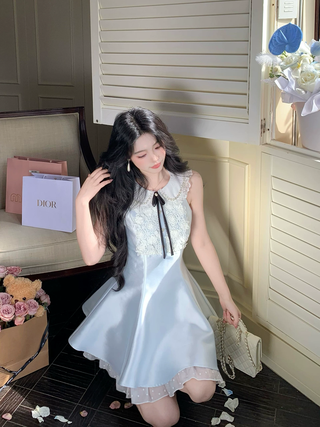【dress】レースドッキングピーターパンカラーミニワンピース Q8549