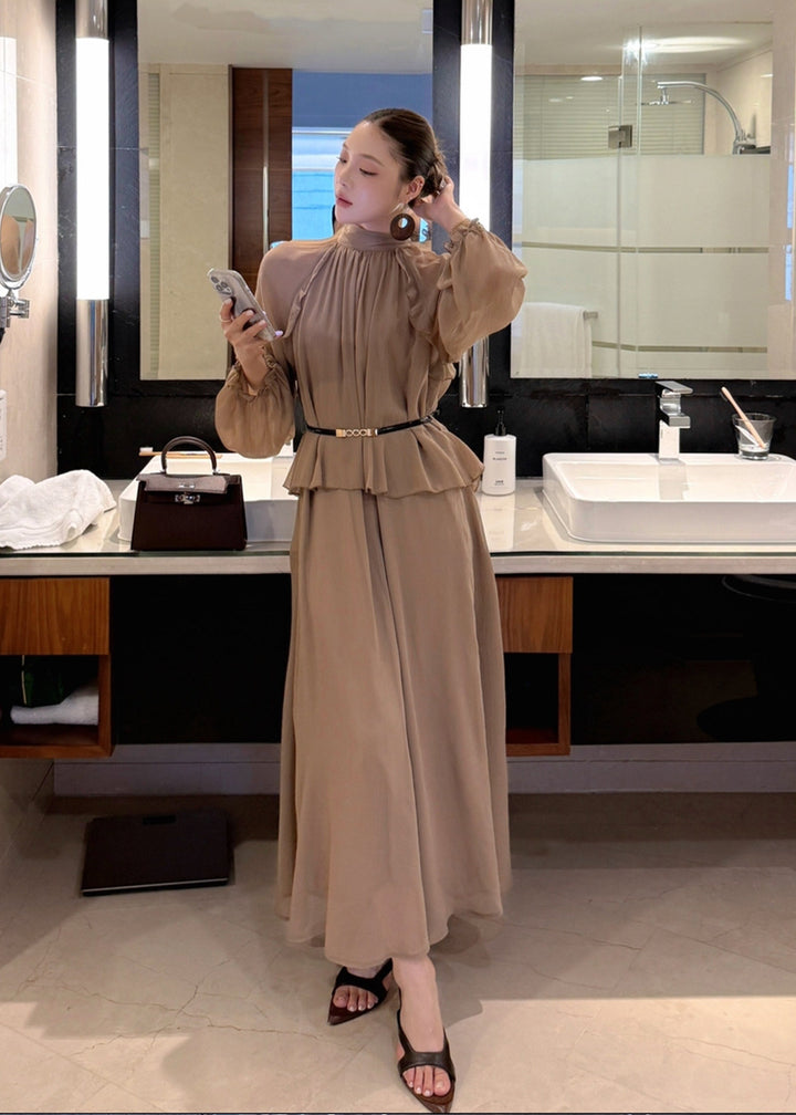 【dress】ベルト付きバックリボンロングワンピース Q8984