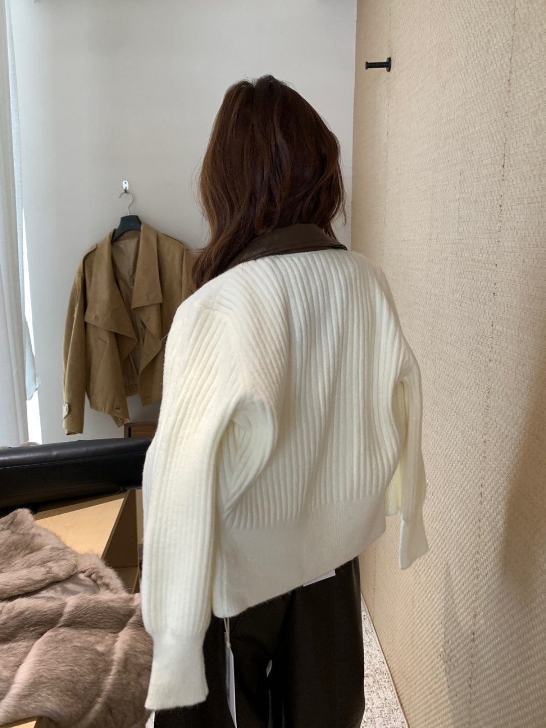 【outer】PUネックドッキングニットカーディガン Q9267