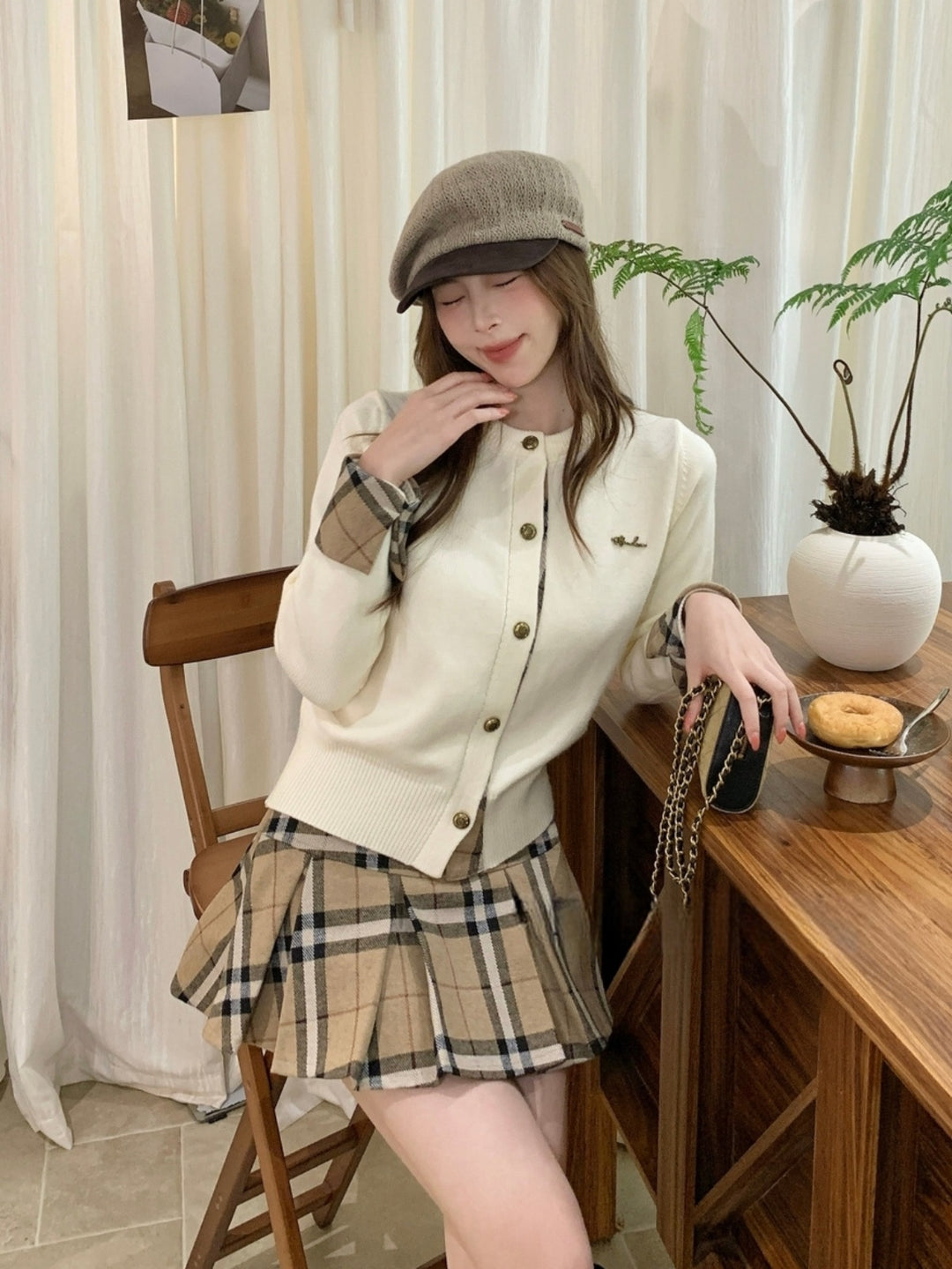 【outer】チェック柄ドッキングニットカーディガン Q9293
