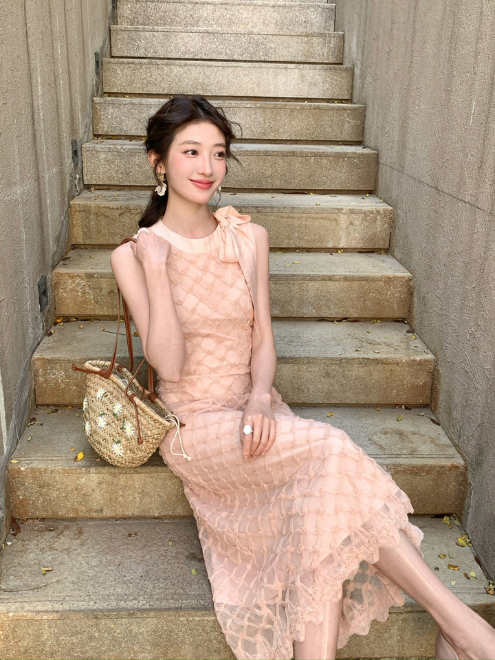 【dress】ノースリーブリボン付きロングワンピース Q8679