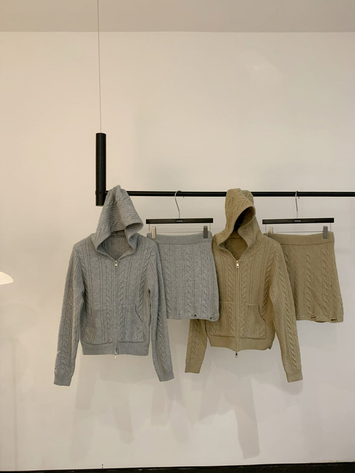 【set】ジップアップパーカー×ニットミニスカートセット Q9282