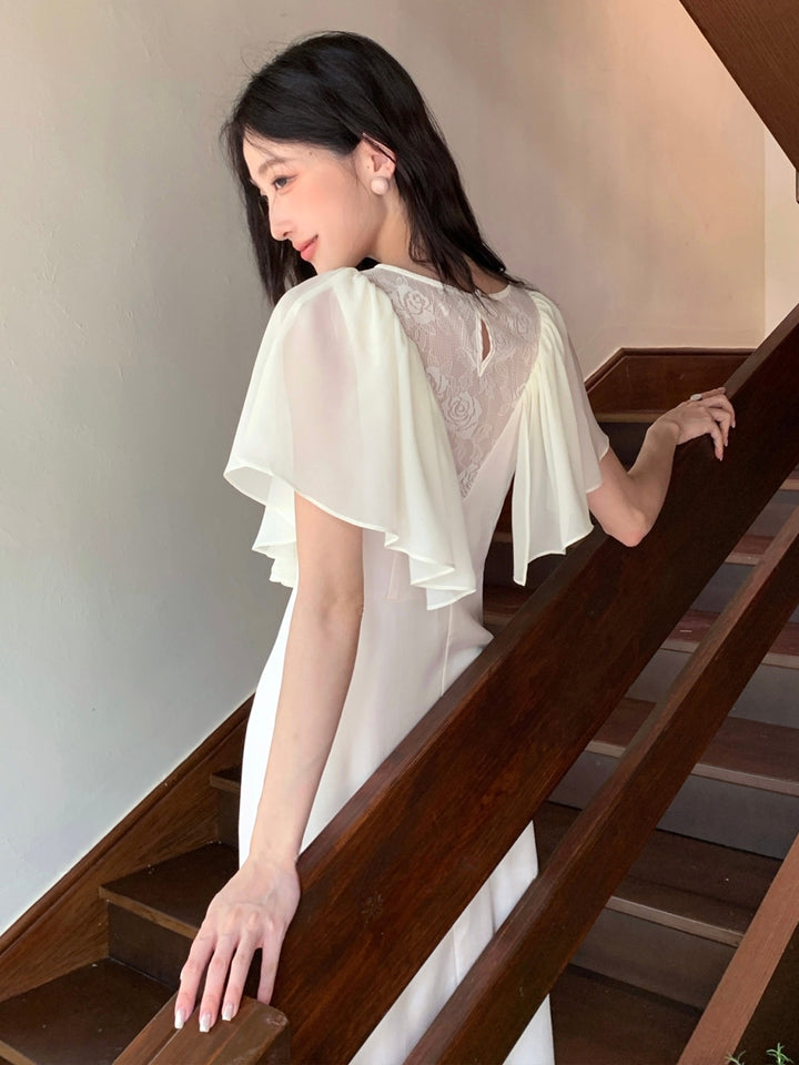 【dress】レースドッキングハンカチーフスリーブロングワンピース Q8675