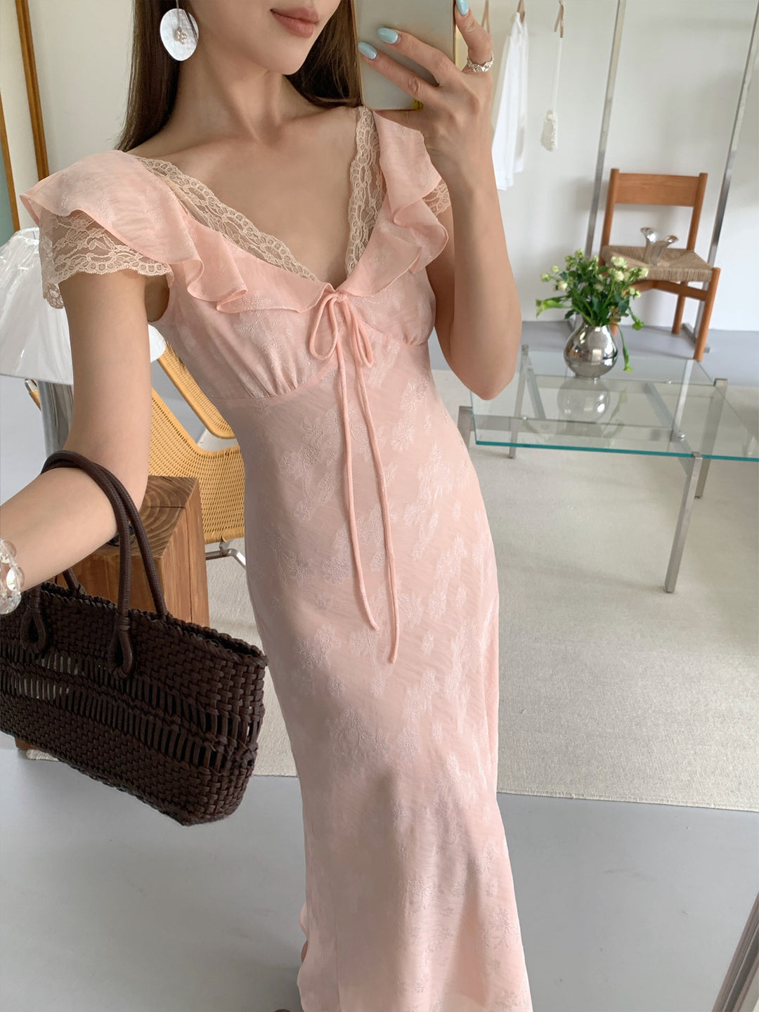 【dress】レースドッキングフラッタースリーブワンピース Q8658