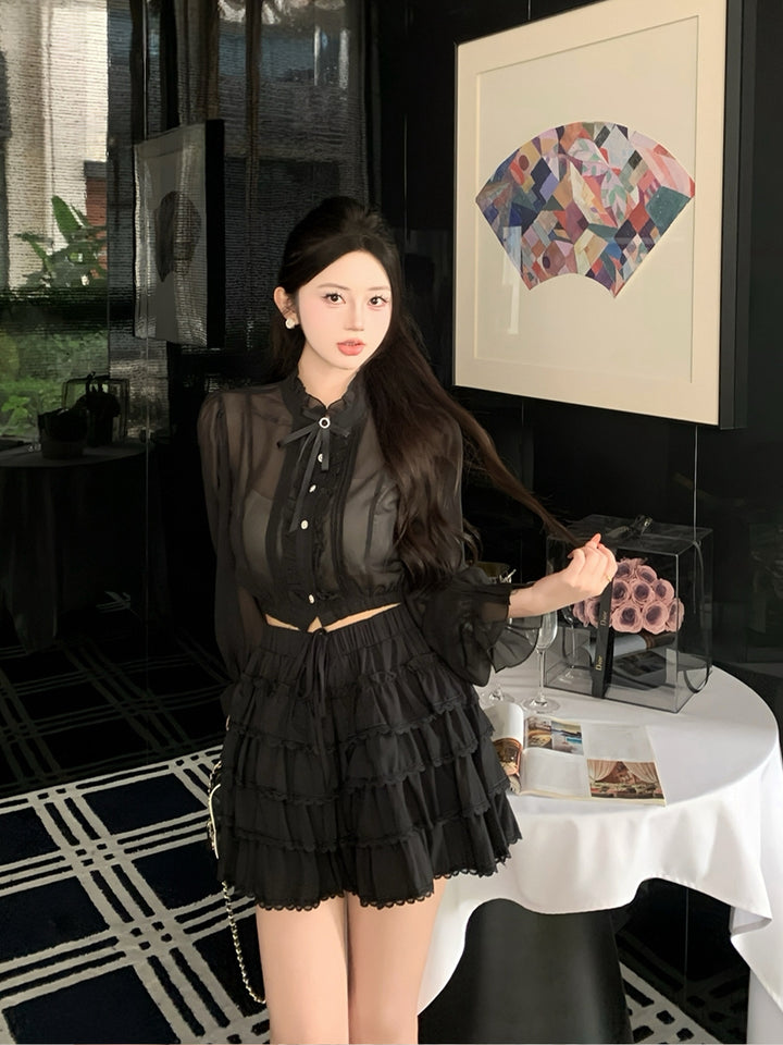 【set】リボン付きギャザーフリルトップス×ティアードスカートセット Q9054