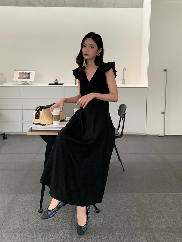 【dress】レースドッキングフラッタースリーブワンピース Q8672