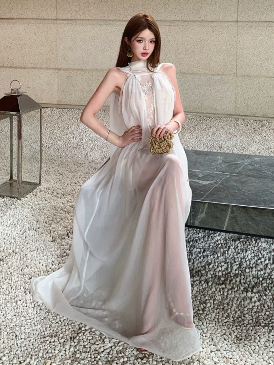 【dress】レースドッキングシアーチュールロングワンピース Q8585