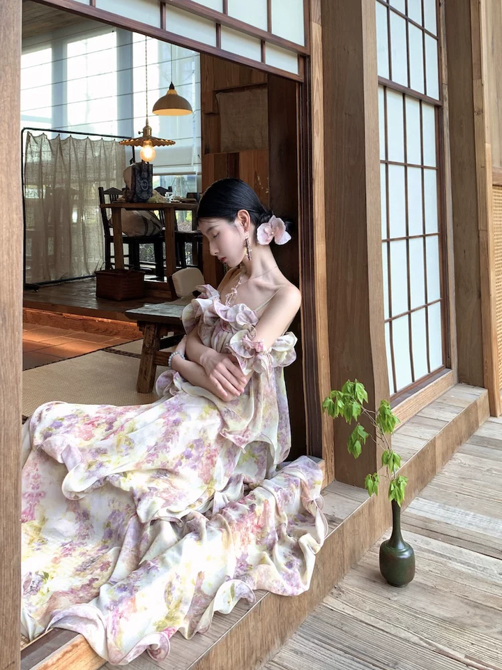 【dress】フラワー柄ギャザーフリルロングキャミワンピース Q8552