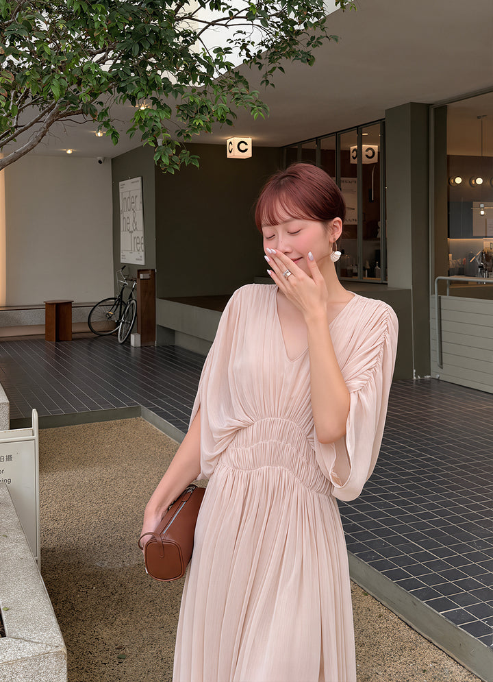 【dress】Vネックギャザーロングワンピース Q8756