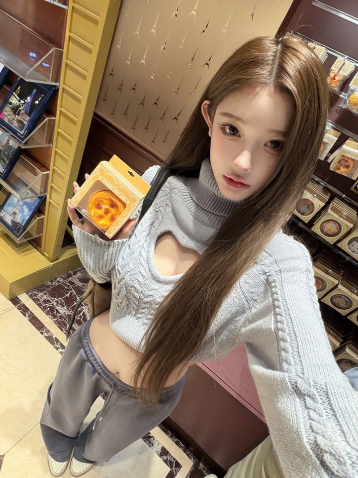 【tops】フロントカットハイネックニットトップス Q9338