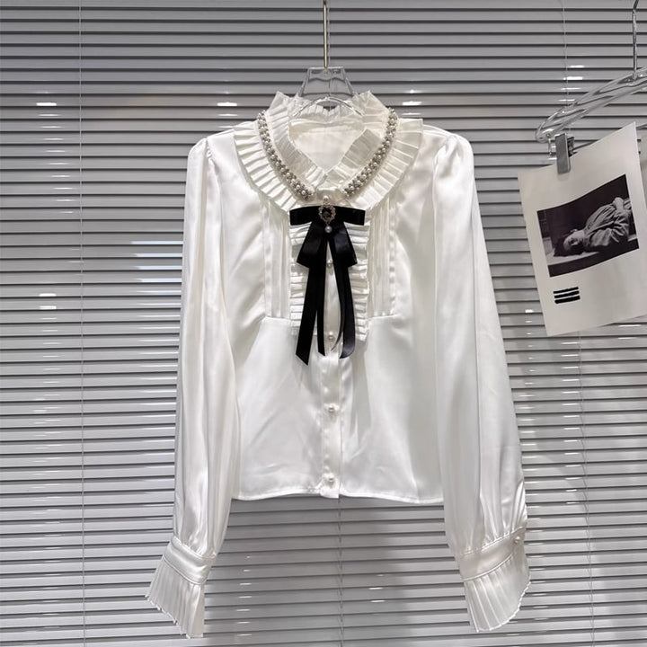 【tops】リボン付きギャザーフリルシャツ Q7893