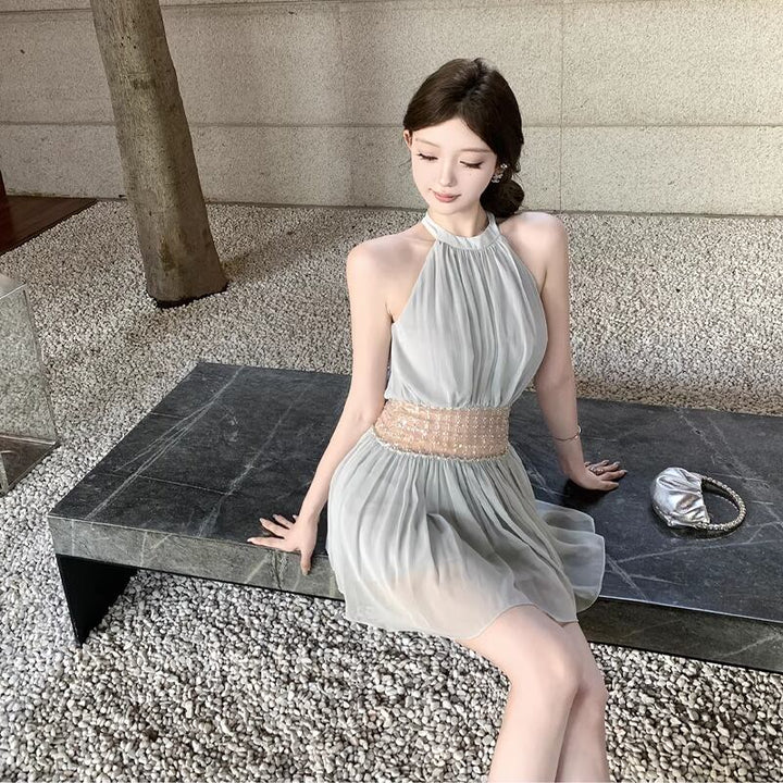 【dress】ビーズ付きノースリーブチュールミニワンピース Q8406