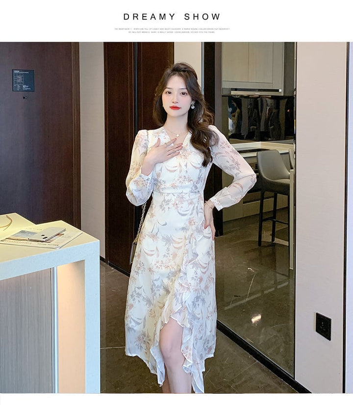 【dress】早い者勝ちVネックスリット花柄ワンピース　M17304