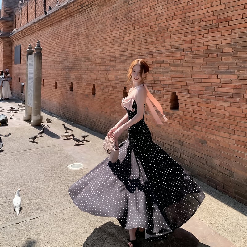 【dress】ドット柄リボン付きロングワンピース Q8374