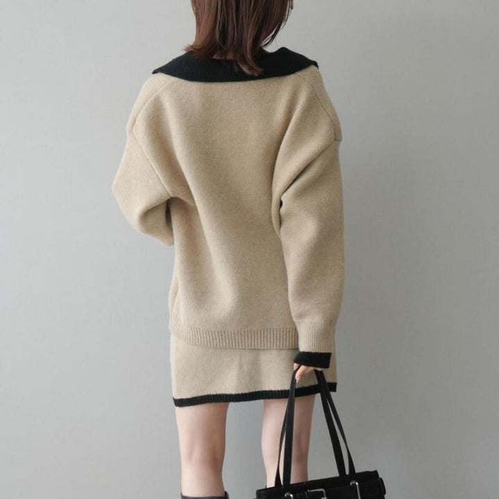 【set】フェイクレイヤードニットトップス×ミニスカートセット Q7703