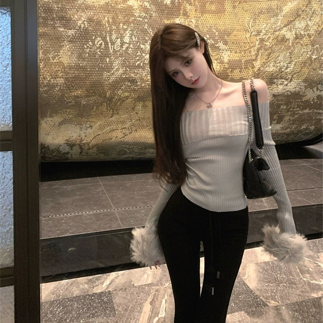 【tops】オフショルダー袖ファーニットトップス     N2148