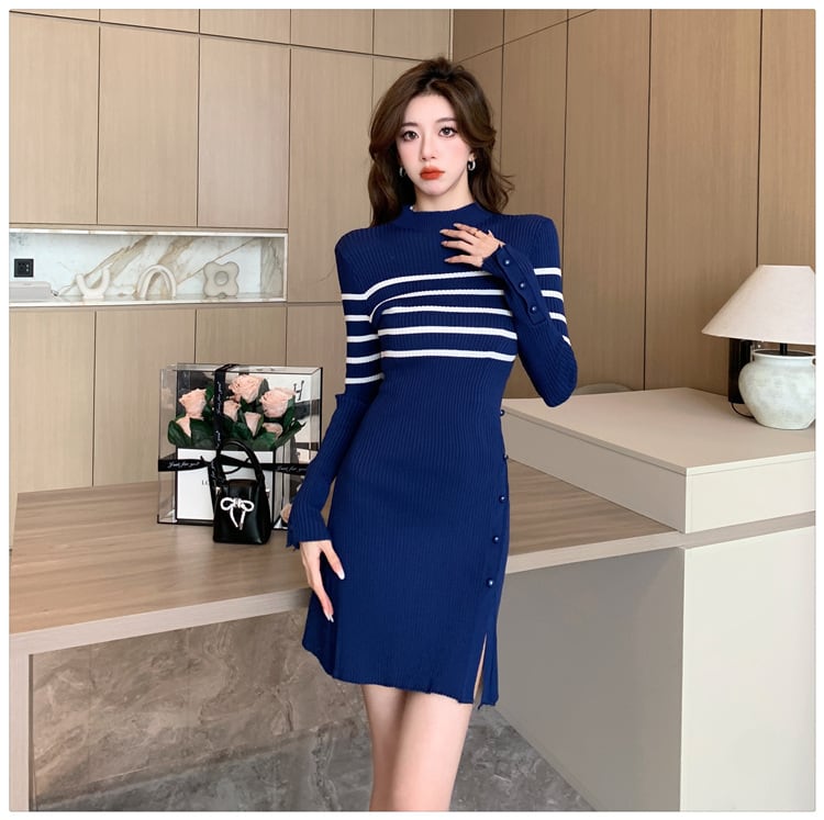 【dress】ボーダー柄スリットニットワンピース　M17966
