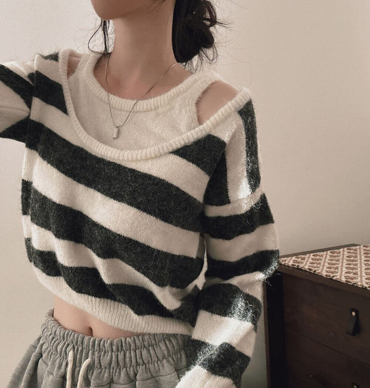 【tops】ボーダー柄切り替えニットセーター　M27774