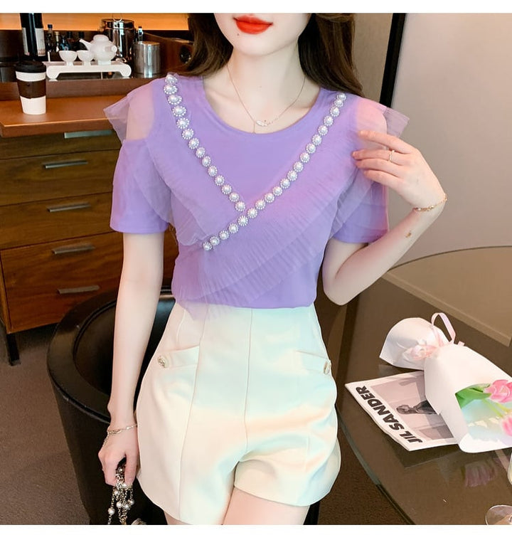 【tops】好感度UP 切り替えオフショルダーTシャツトップス　M16841