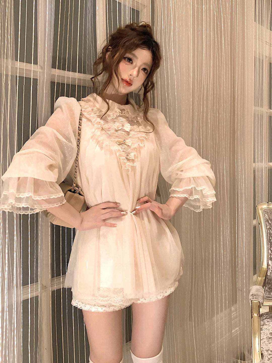 【dress】ギャザーフリルレースドッキングミニワンピース Q9229