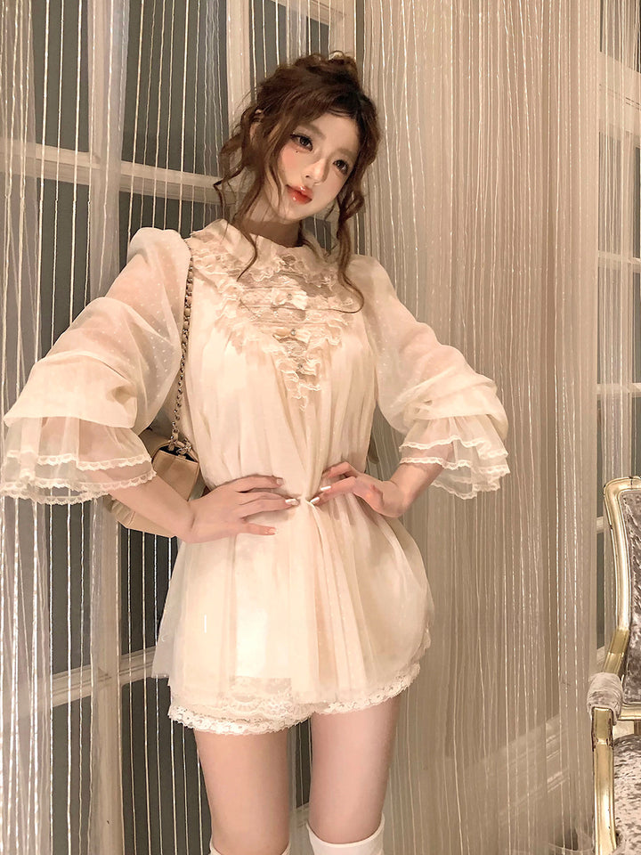 【dress】ギャザーフリルレースドッキングミニワンピース Q9229