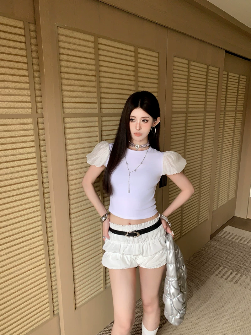【tops】チュールドッキングフラッタースリーブトップス Q8575
