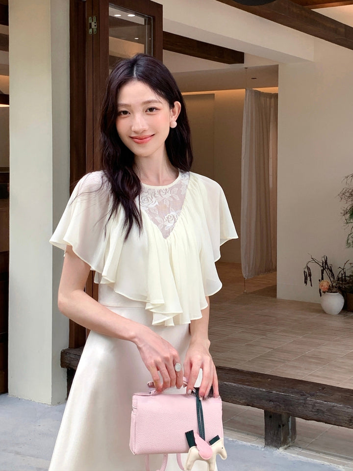 【dress】レースドッキングハンカチーフスリーブロングワンピース Q8675