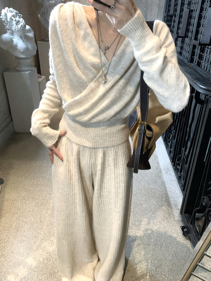 【set】クロスネックニットトップス×ワイドパンツセット Q9235