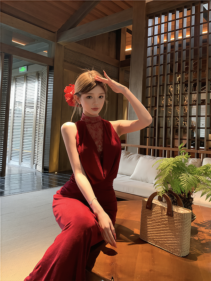 【dress】レースドッキングドレープドネックワンピース Q8634