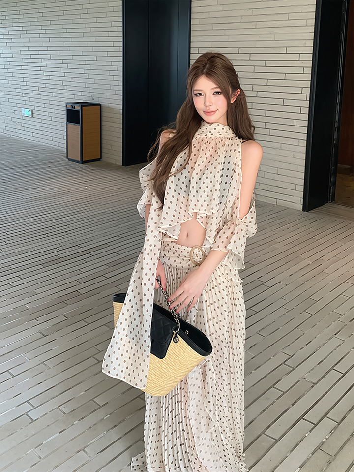 【set】ドット柄シャツ×ロングスカートセット Q8598