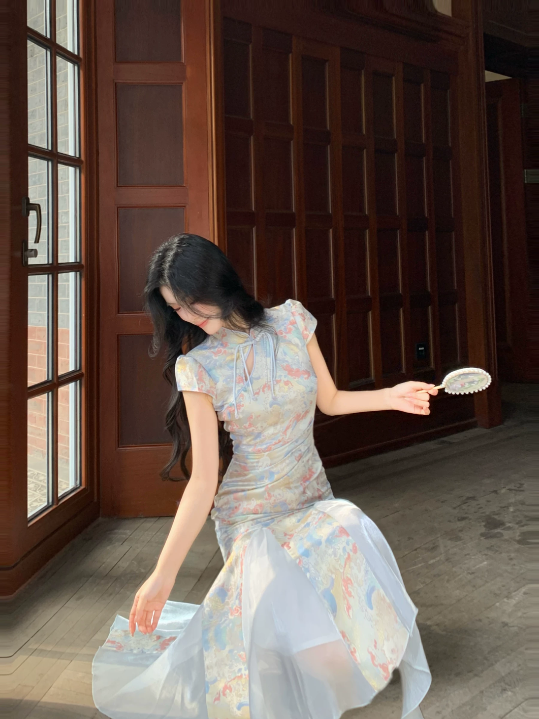 【dress】半袖サテンドッキングロングワンピース Q8542
