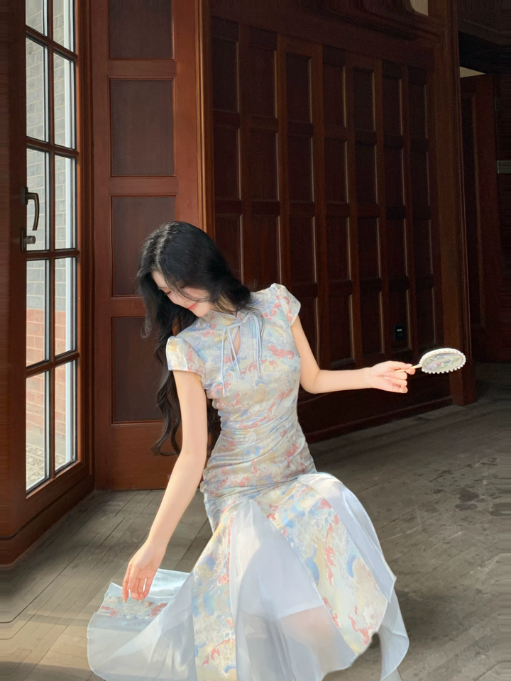 【dress】半袖サテンドッキングロングワンピース Q8542