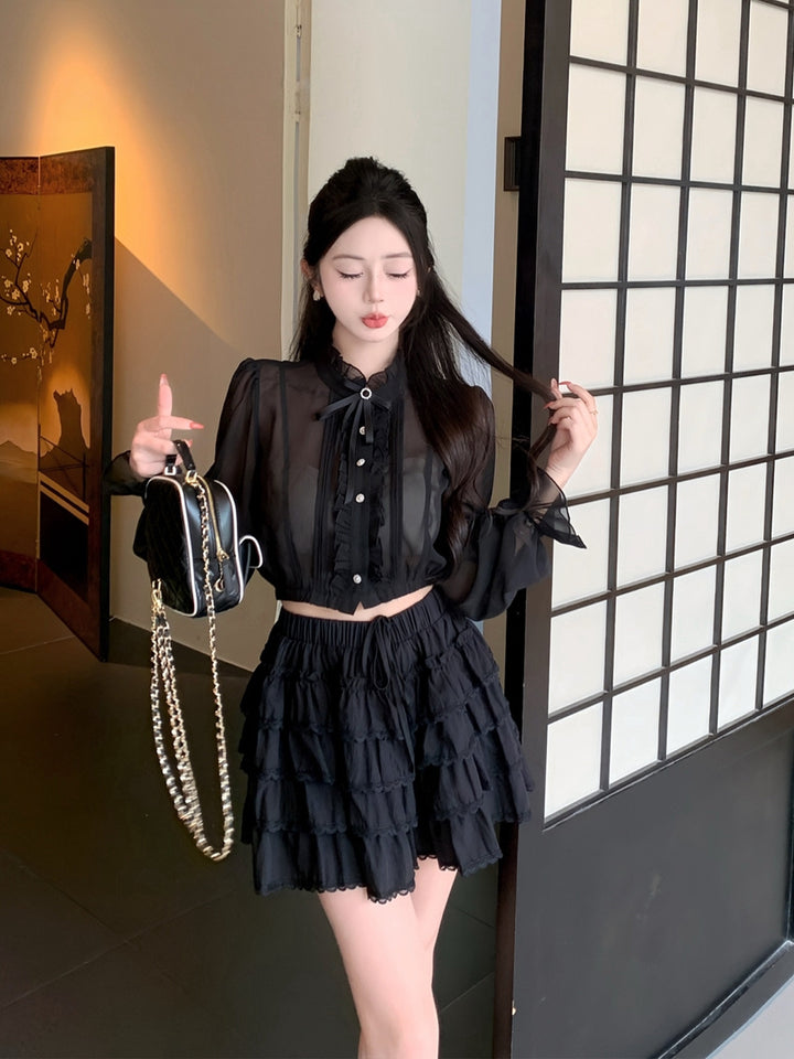 【set】リボン付きギャザーフリルトップス×ティアードスカートセット Q9054