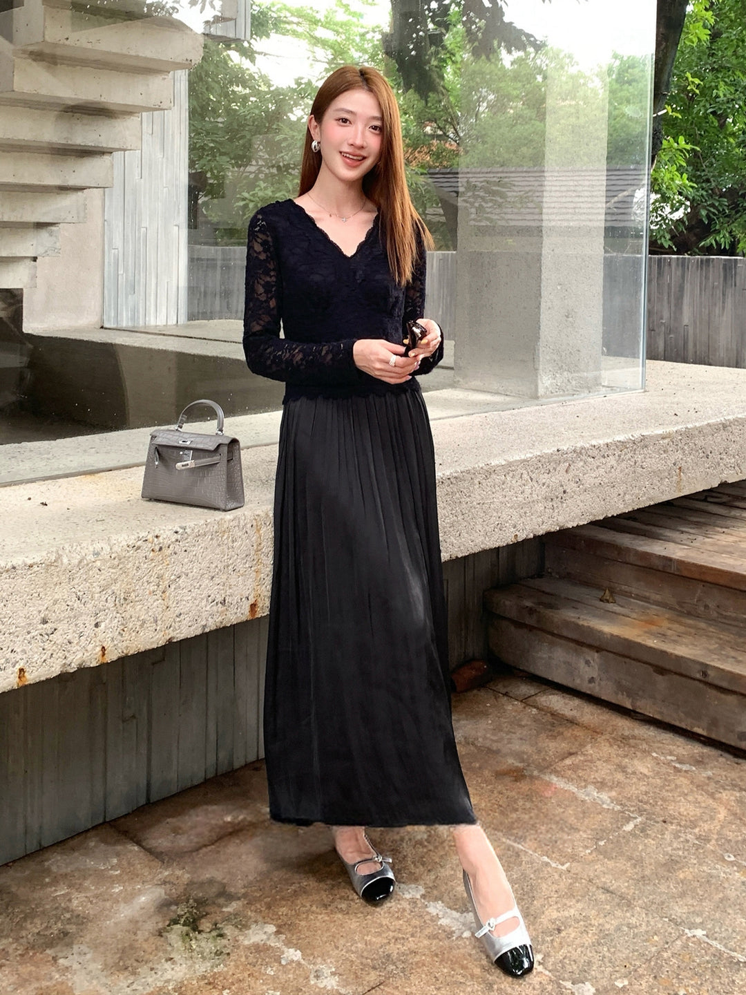 【dress】レースドッキングロングワンピース Q9109