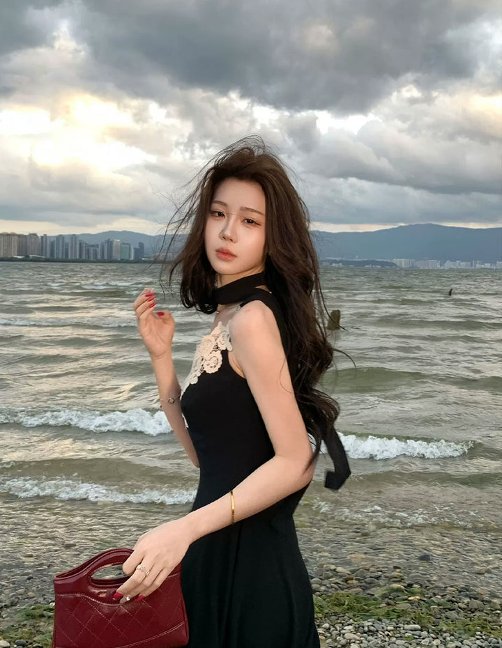 【dress】スカーフ付きレースドッキングロングワンピース Q8691