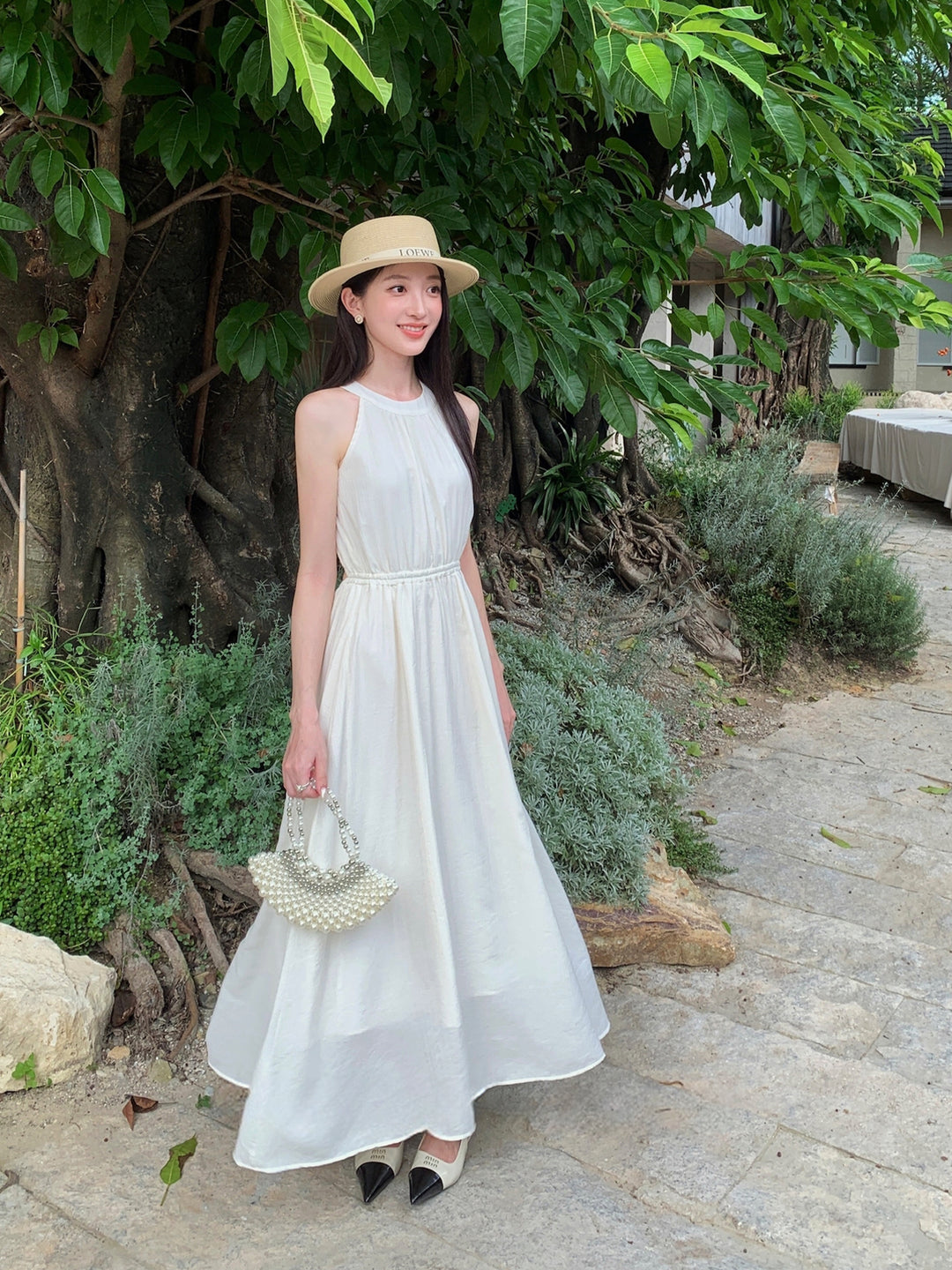 【dress】ノースリーブバックリボンロングワンピース Q8650