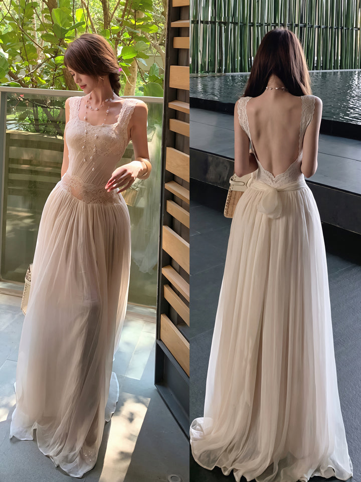 【dress】レースドッキングチュールロングワンピース Q8854