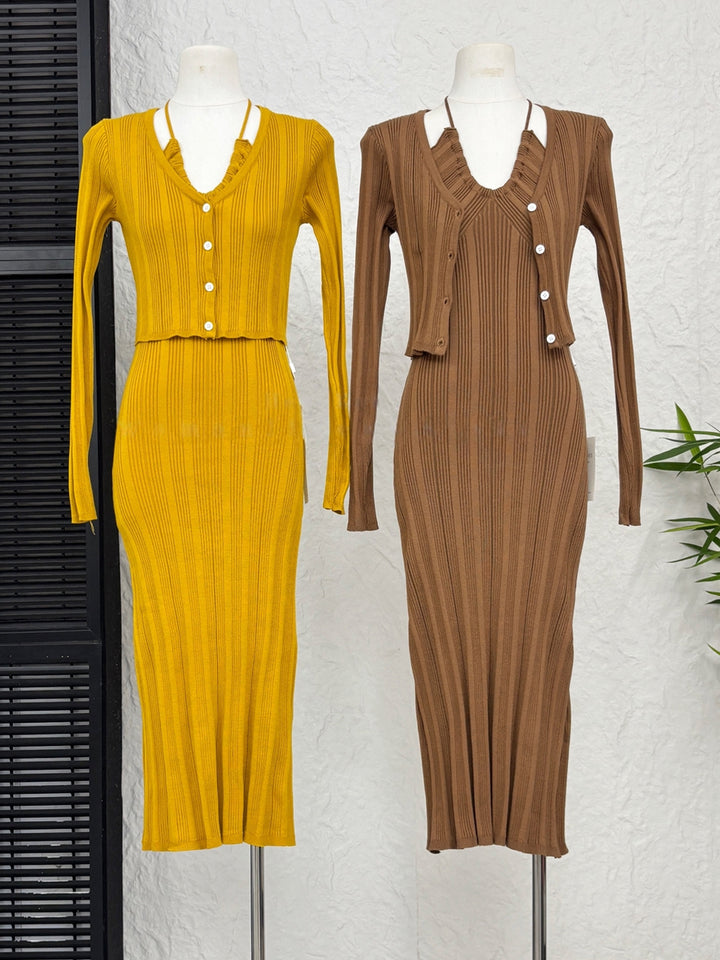 【set】ホルターネックロングニットワンピース×ニットカーディガンセット Q9231