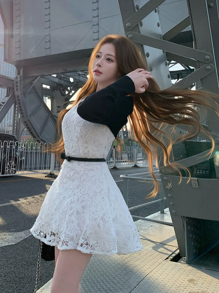 【dress】ベルト付きノースリーブレースワンピース Q8755