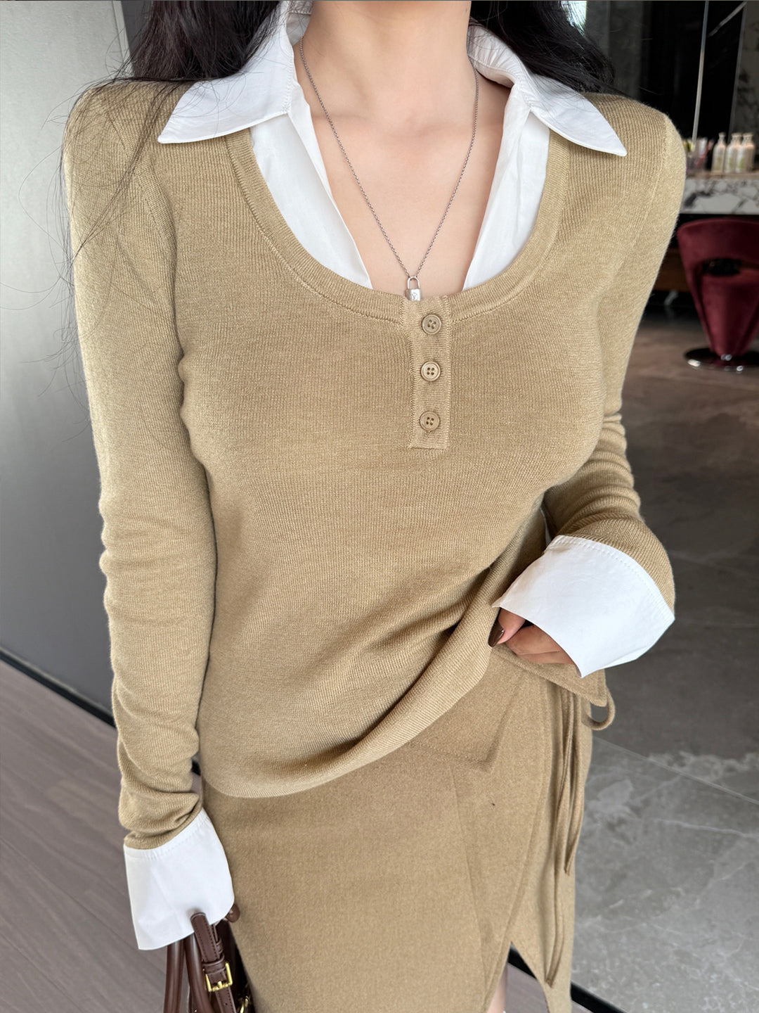 【tops】フェイクレイヤードニットトップス Q9191