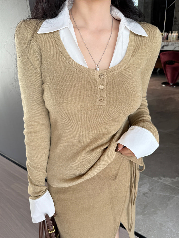 【tops】フェイクレイヤードニットトップス Q9191