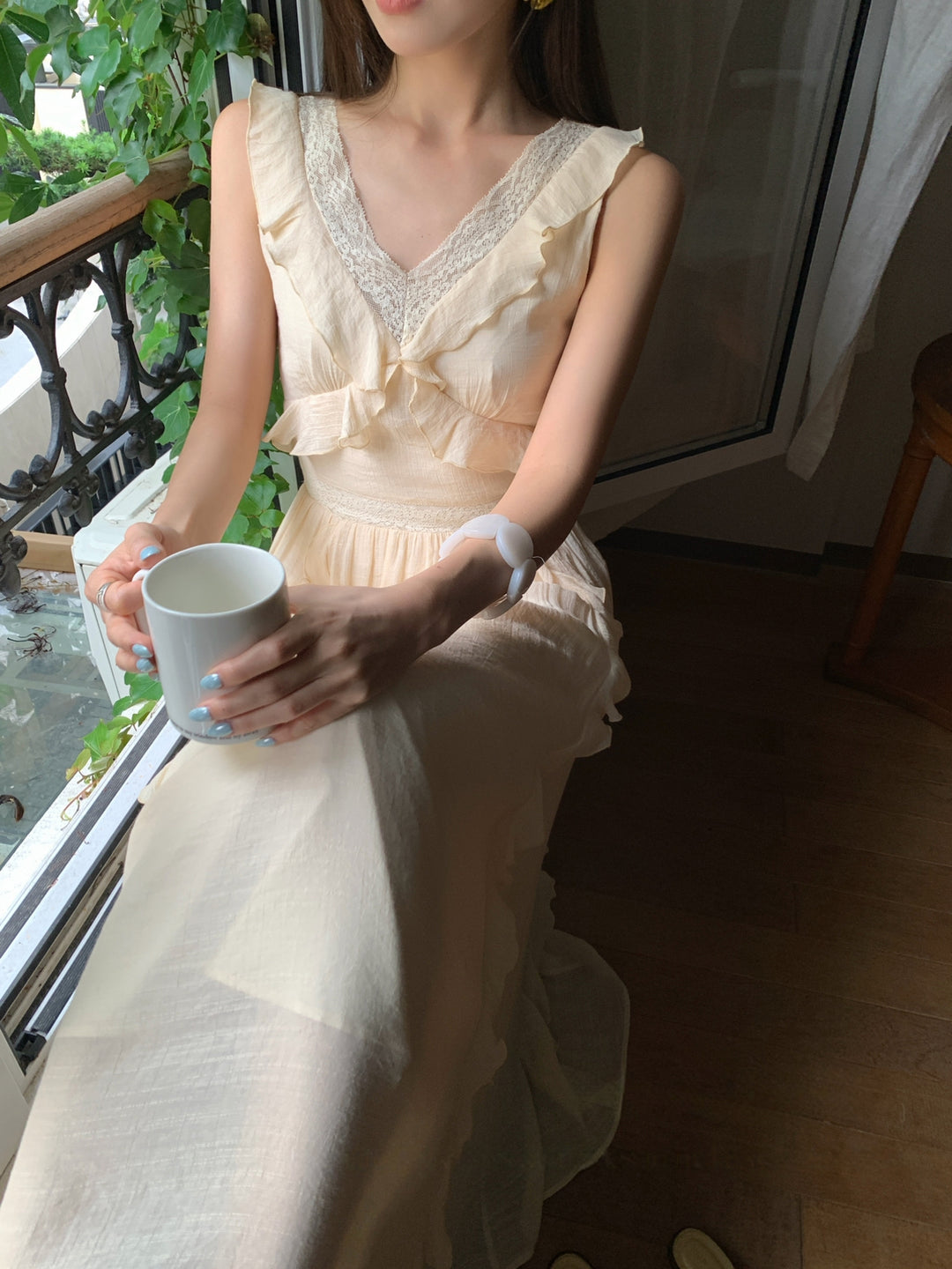 【dress】ノースリーブレースドッキングロングワンピース Q8657