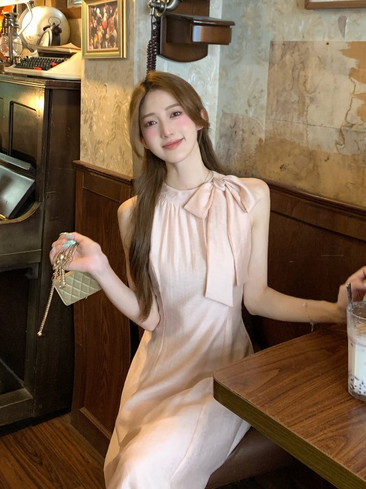 【dress】ノースリーブリボン付きロングワンピース Q8663